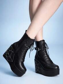 Sugerpunk Women's Thick-Soled Thick-Heeled Mid-Boots, Punk-Style Goth-Style Rivet Straps, Spider Web Embroidery, Thick-Soled Wedge-Heeled Sub-Culture Mid-Boots, Fall Boots - Black - View 3