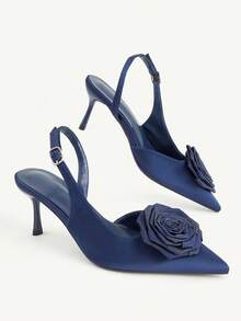 CUCCOO CHICEST Dark Blue Satin Three-Dimensional Rose Stilettos, Women's Pointed Toes, Slingbacks - dark blue - View 5