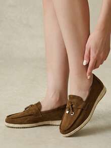 Styleloop Sepatu Loafer Kasual Model Slip-On Longgar dengan Gesper Logam dan Rumbai dari Jerami, Ujung Persegi dan Bulat, Model Celana Pendek Gaya Retro Cokelat Gelap, Bahan Imitasi Suede, Gaya Nelayan - Coffee Brown - View 10