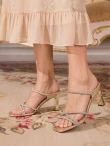 CUCCOO TILAWA Ladies Fashion Square Toe Rhinestone Decorative Elegant High Heel Sandals, Gold, Spring/Summer Shoes - Gold - View 11