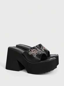 Sugerpunk Women's Casual Slip-On Square-Toe Platform Wedge Sandals, Punk-Style Gothic Chunky Heel, Open Toe, Embroidered With Botanical Flowers. - Pure black - View 2