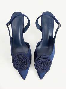 CUCCOO CHICEST Dark Blue Satin Three-Dimensional Rose Stilettos, Women's Pointed Toes, Slingbacks - dark blue - View 1
