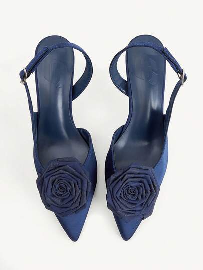 CUCCOO CHICEST Dark Blue Satin Three-Dimensional Rose Stilettos, Women's Pointed Toes, Slingbacks