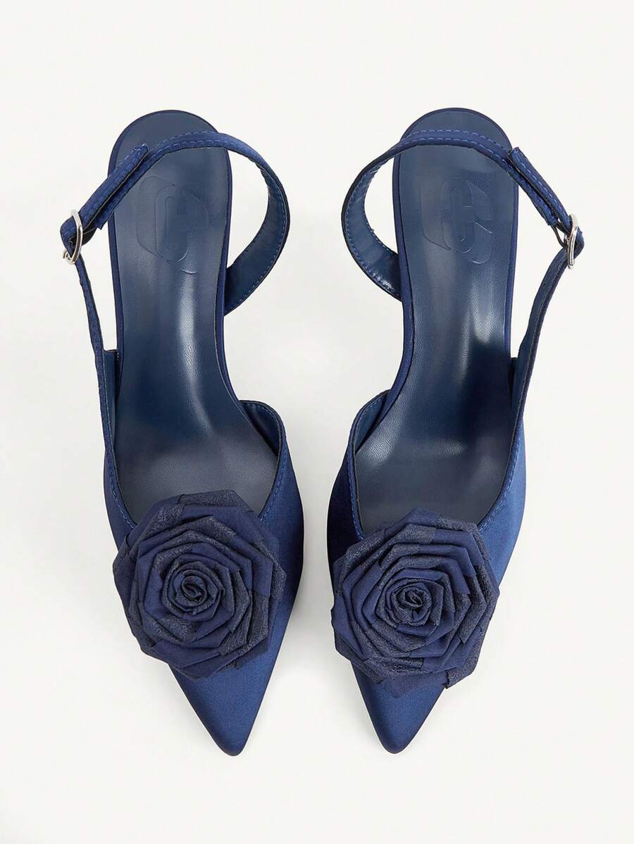 CUCCOO CHICEST Dark Blue Satin Three-Dimensional Rose Stilettos, Women's Pointed Toes, Slingbacks - dark blue - View 1