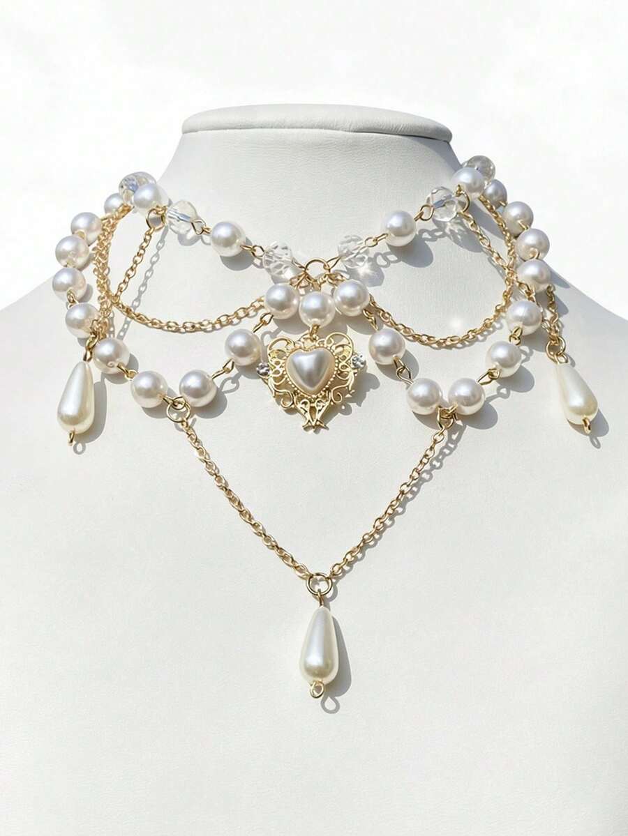ROMWE Fairycore Y2k Style Fashionable Faux Pearl Pendant Necklace - Gold - View 1