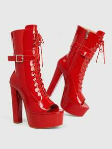 CUCCOO LuxiPop Outdoor Ladies Round Toe Thick Heel Thick Bottom Stylish Simple Comfortable Daily Party Night Club Side Zipper Boots Fall Boots - Mirror, red - View 4