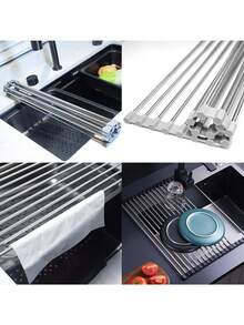 Roll Up Dish Drying Rack Over The Sink, Stainless Steel Foldable Rollable Multipurpose Dish Drainer, Space Saving Rust Resistant Heavy Duty Non-Slip, Easy To Clean, For Small Kitchen, Apartment, RV, Kitchen Essentials, Home Storage - Multicolor - View 5