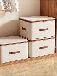 Fabric Storage Bin Foldable Cloth Box With Lid For Clothes Toys & Home Organization Cotton Linen Organizer For Bedroom - rice - View 6