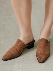 Styleloop Pointed Toe Western Mules Shoes, Retro Embroidered Thick Heel Mules Shoes - Western wind embroidery thread brown - View 8