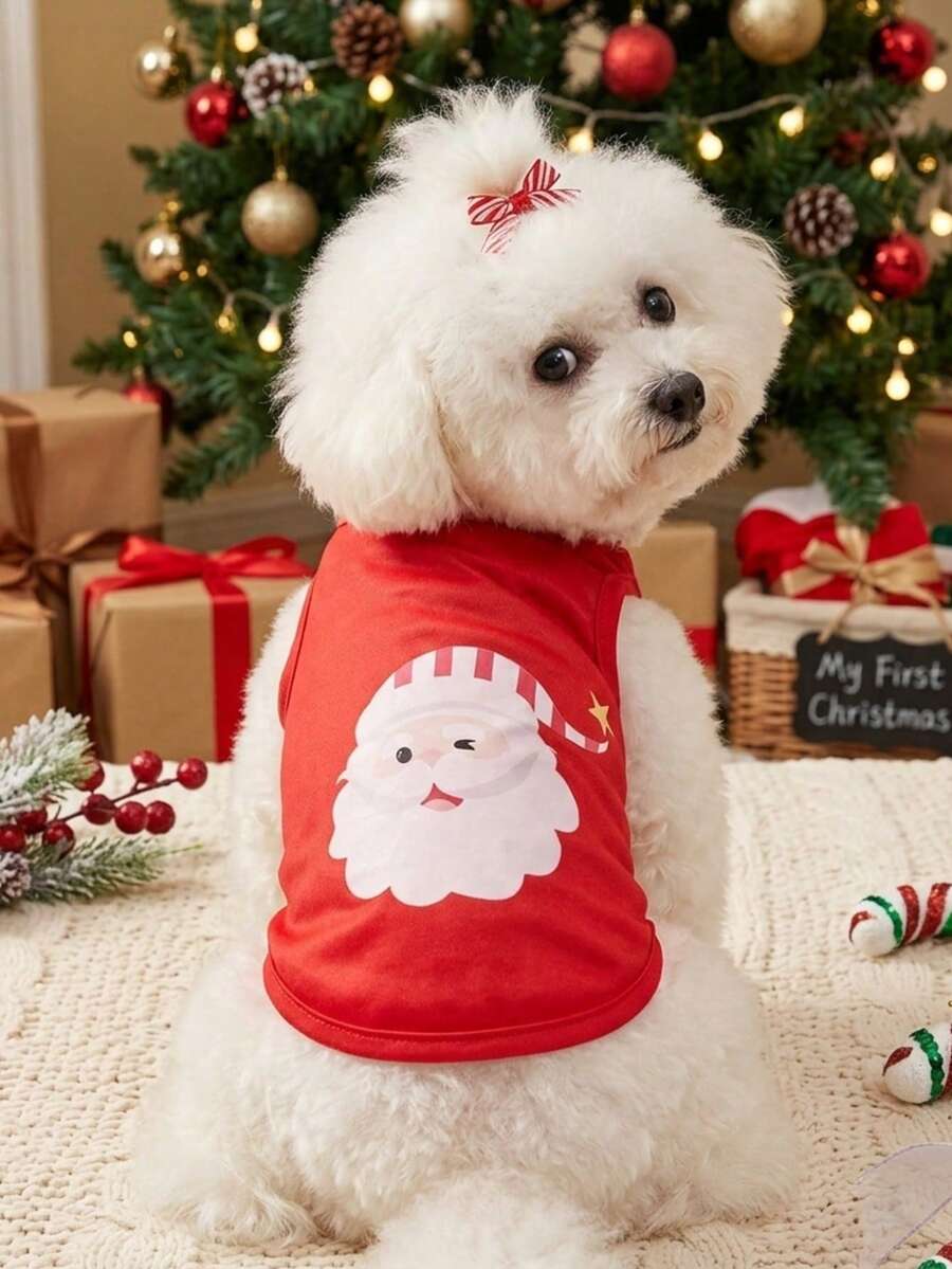PETSIN 1pc Pet Santa Claus Print Lightweight Breathable Vest For Christmas - Multicolor - View 1