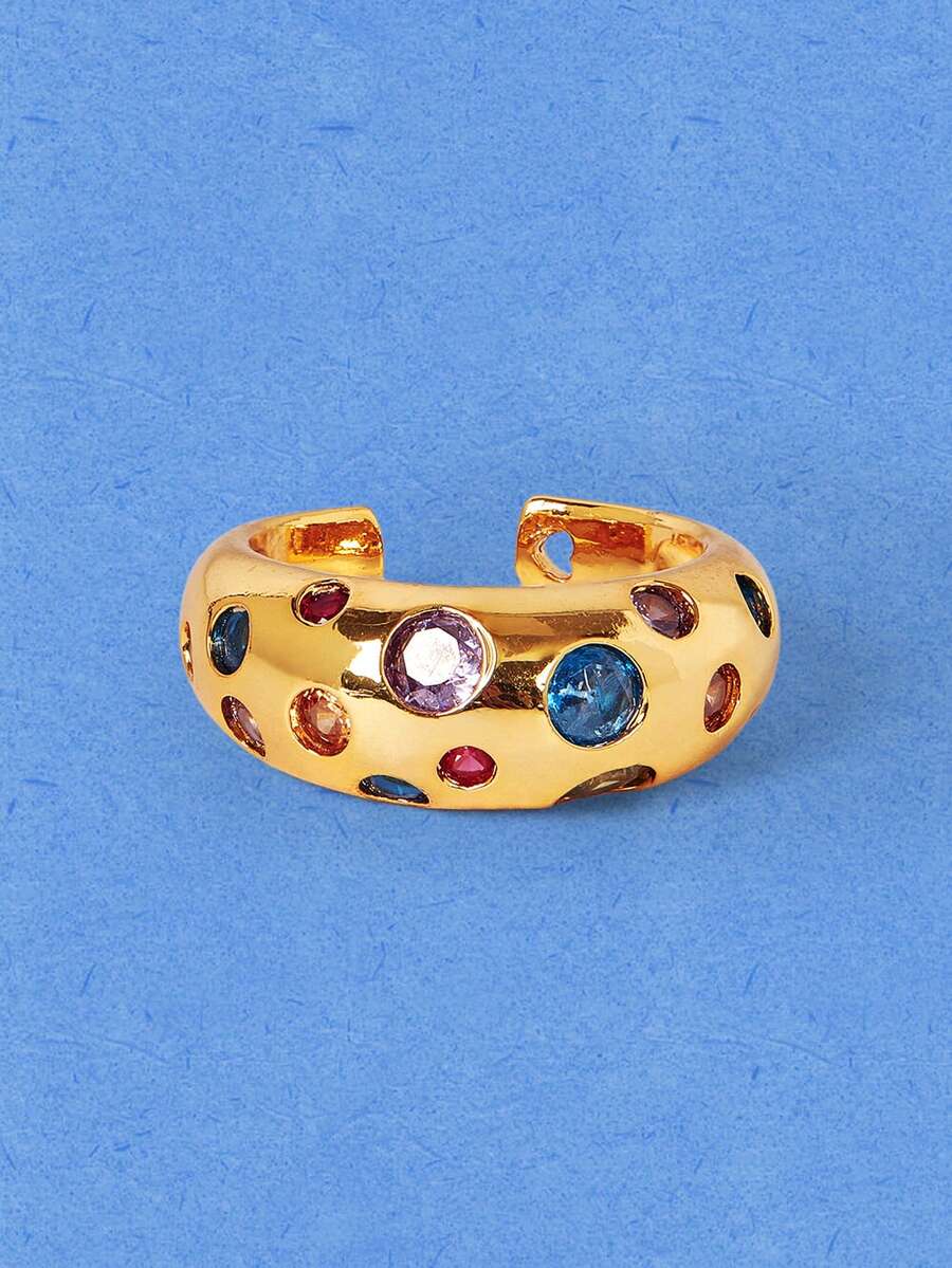 Popjeli Polished Gold Wide Version Ring, Multi-Color Round Rainbow Crystal Inlaid Thick Exaggerated Ring - Gold - Colored Diamonds - View 1