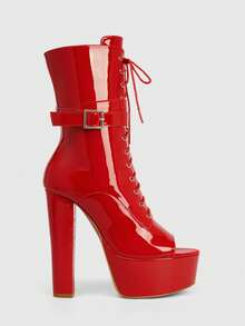 CUCCOO LuxiPop Outdoor Ladies Round Toe Thick Heel Thick Bottom Stylish Simple Comfortable Daily Party Night Club Side Zipper Boots Fall Boots - Mirror, red - View 1