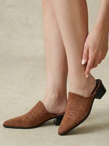 Styleloop Pointed Toe Western Mules Shoes, Retro Embroidered Thick Heel Mules Shoes - Western wind embroidery thread brown - View 4