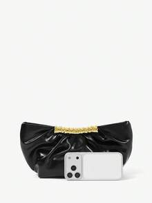 Maija Ladies Fashionable Elegant Simple Black Faux Leather Gold Hardware Decorative Clutch Bag, Party Banquet Dating Daily Afternoon Tea - Black - View 4