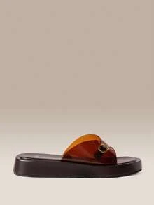 HighSole Transparent Broadband Metal Buckle Slippers Open-Toe Thick Bottom Minimalist Casual Holiday Slippers - Coffee Brown - View 2