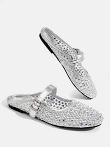 CUCCOO TILAWA Stylish And Elegant, Sparkling Rhinestone Mesh Mary Jane Mules Flats, Round Toe Sandals With Adjustable Buckle - Silver - View 4
