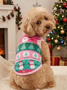 PETSIN 1pc Pink Edge Splicing Pink Green Stripe Tank Top, Santa Claus/Christmas Tree/Snowman Elements Gather For Christmas Pet Skin Friendly Breathable Tank Top - Multicolor - View 1