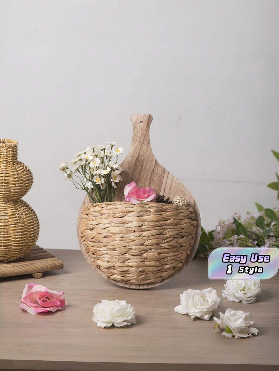 Rustic Woven Gourd Grass Wall‑Mounted Storage Basket, Creative Handmade Wall Hanging Flower Pot, Decorative Wall Basket Ornament - Multicolor - View 1