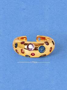 Popjeli Polished Gold Wide Version Ring, Multi-Color Round Rainbow Crystal Inlaid Thick Exaggerated Ring - Gold - Colored Diamonds - View 7