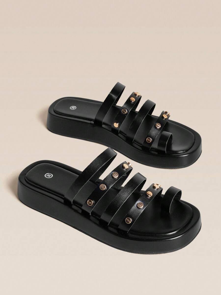 HighSole Metal Rivets Thick Bottom Open Toe Personalized Slippers Outdoor Travel Beach Wear - Black - View 1