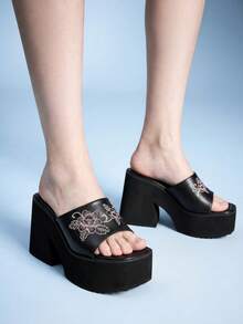 Sugerpunk Women's Casual Slip-On Square-Toe Platform Wedge Sandals, Punk-Style Gothic Chunky Heel, Open Toe, Embroidered With Botanical Flowers. - Pure black - View 11