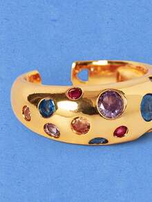 Popjeli Polished Gold Wide Version Ring, Multi-Color Round Rainbow Crystal Inlaid Thick Exaggerated Ring - Gold - Colored Diamonds - View 2