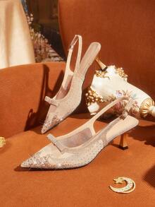 CUCCOO TILAWA Champagne Mesh Full Diamond Bow Back Empty Stiletto Sandals - Gold - View 1