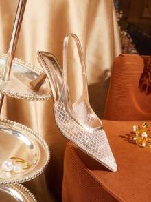 CUCCOO TILAWA Ladies Pointed Square Mouth Wine Glass Lacquered Square And Flat Net Hot Rhinestones. Slingback Shoes, Romantic And Sexy. Four Seasons Festival - Champagne - View 7
