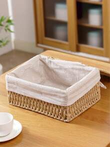 Handwoven Desktop Storage Basket With Liner Boho Home Decor Fall Autumn Organizer For Office Supplies Counter Toys Cosmetics Natural Grass Rope Rustic Farmhouse Style - coffee color - View 4