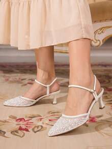 CUCCOO TILAWA Women Shoes Pearl Rhinestone Ornament Breathable Mesh, Pointed Thin Middle Heel, Elegant Wedding Shoe Style, White Strap Mules Sandals - Beige - View 8