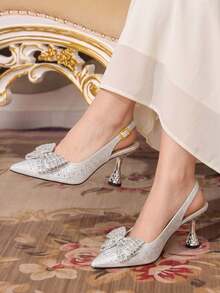 CUCCOO TILAWA Bow Rhinestone Elegant Sexy Pointed Women's High Heels - Exquisite And Stylish Design, With Lace-Up Buckle Design Stiletto Women Fall Shoes - Silver - View 2