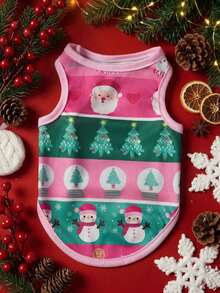 PETSIN 1pc Pink Edge Splicing Pink Green Stripe Tank Top, Santa Claus/Christmas Tree/Snowman Elements Gather For Christmas Pet Skin Friendly Breathable Tank Top - Multicolor - View 11