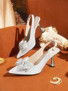 CUCCOO TILAWA Bow Rhinestone Elegant Sexy Pointed Women's High Heels - Exquisite And Stylish Design, With Lace-Up Buckle Design Stiletto Women Fall Shoes - Silver - View 1