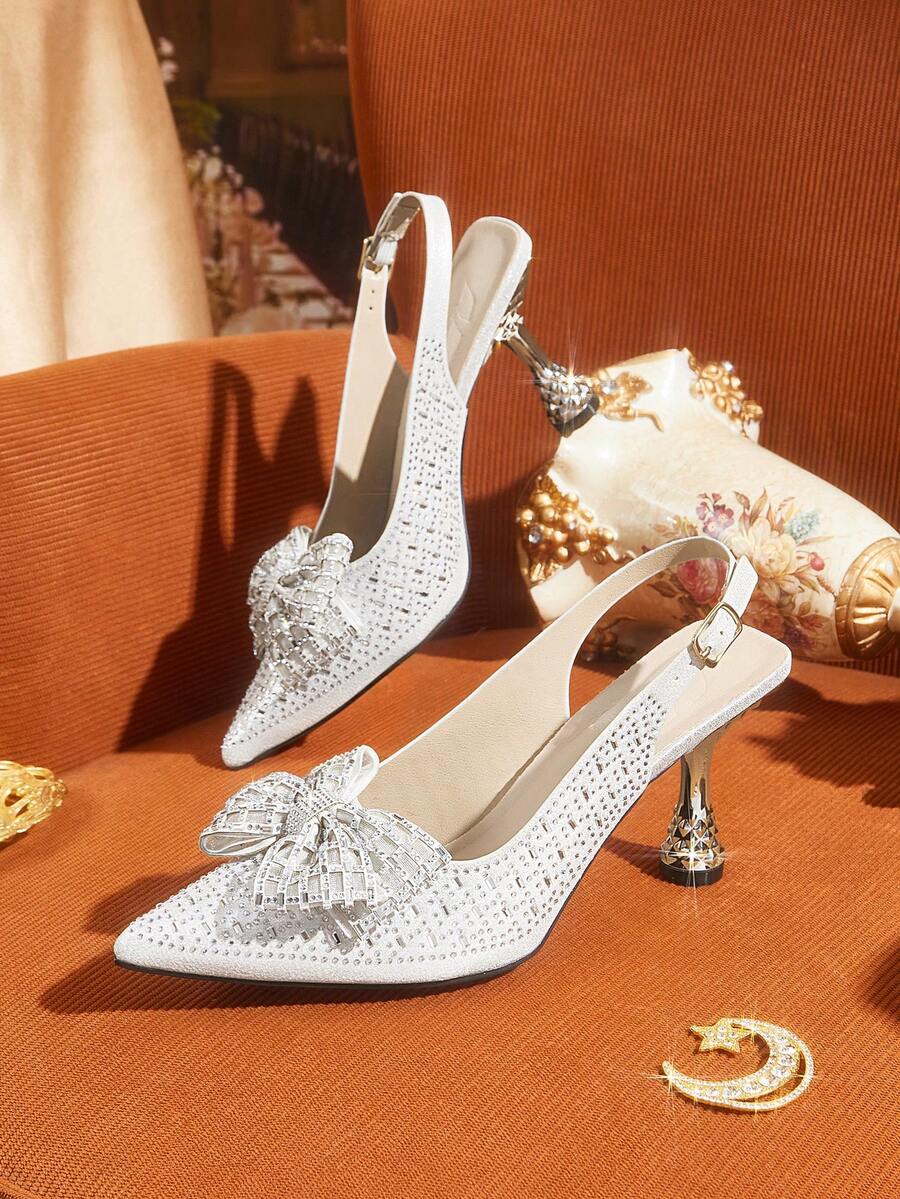 CUCCOO TILAWA Bow Rhinestone Elegant Sexy Pointed Women's High Heels - Exquisite And Stylish Design, With Lace-Up Buckle Design Stiletto Women Fall Shoes - Silver - View 1