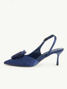 CUCCOO CHICEST Dark Blue Satin Three-Dimensional Rose Stilettos, Women's Pointed Toes, Slingbacks - dark blue - View 4