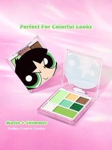 THE POWERPUFF GIRLS X SHEIN 1件 7色眼影盤，綠色調盤，超高顯色度，打造金盞花靈感妝容 - 綠色 - 查看 5