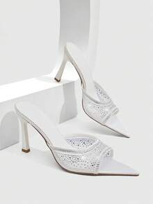 CUCCOO SZL Women's Pointed Toe High Heel Shoes, Rhinestone Decor Mesh Material, Fashion Comfortable For Daily, Party, Banquet, Slip-On Backless Sandals - Sardine, white - View 5