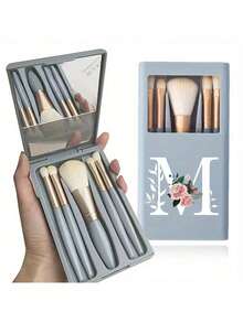 5-Piece Portable Makeup Brush Set, With Mirror, Printed With White Flower Letters A-Z, Boxed Makeup Brush Set, Multi-Functional Makeup Brush Set, With Mirror Box, Mini Multi-Functional Makeup Pen, Foundation Make-Up Brush, Eye Shadow Brush - Blue - View 8