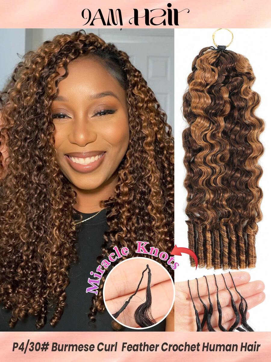 Boho Braids Miracle Knots Crochet Human Hair In 100% Remy Burmese Curl Feather Line Crochet Hair Braids Salon Silky Seamless Invisible Highlight Paino Color P4/30# Feather Crochet Human Hair Braiding For Women Micro Pre Looped Burmese Curly Extensions - S4/30 - View 1