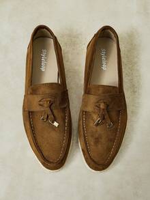 Styleloop Sepatu Loafer Kasual Model Slip-On Longgar dengan Gesper Logam dan Rumbai dari Jerami, Ujung Persegi dan Bulat, Model Celana Pendek Gaya Retro Cokelat Gelap, Bahan Imitasi Suede, Gaya Nelayan - Coffee Brown - View 1