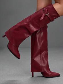 CUCCOO SZL Ladies Burgundy Autumn And Winter Pointed Stiletto Sleeve Stylish And Simple Daily Versatile And Thin Patent Leather Knee Boots - Burgundy - View 4