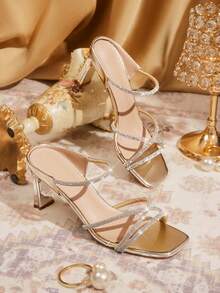 CUCCOO TILAWA Ladies Fashion Square Toe Rhinestone Decorative Elegant High Heel Sandals, Gold, Spring/Summer Shoes - Gold - View 1