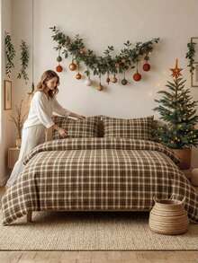 Cirelle 3pcs Brown Plaid Microfiber Duvet Cover Set, Soft Breathable Polyester Plaid Bedding Set With Zipper Closure & Pillowcases, Vintage Plaid Comforter Cover For Bedroom Decor (No Insert) - Multicolor - View 2