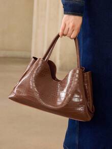 MOTF LADIES FASHION BROWN TOTE BAG, CLASSIC VINTAGE CROCODILE HANDBAG FOR DAILY, COMMUTING, SHOPPING, DATING - Brown - View 7