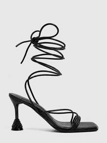 CUCCOO SZL Square Toe Thin Heel Sandals Women's Versatile Open-Toed Buckle High Heels Fashion Party Dinner Simple Women's Shoes - Black - View 2