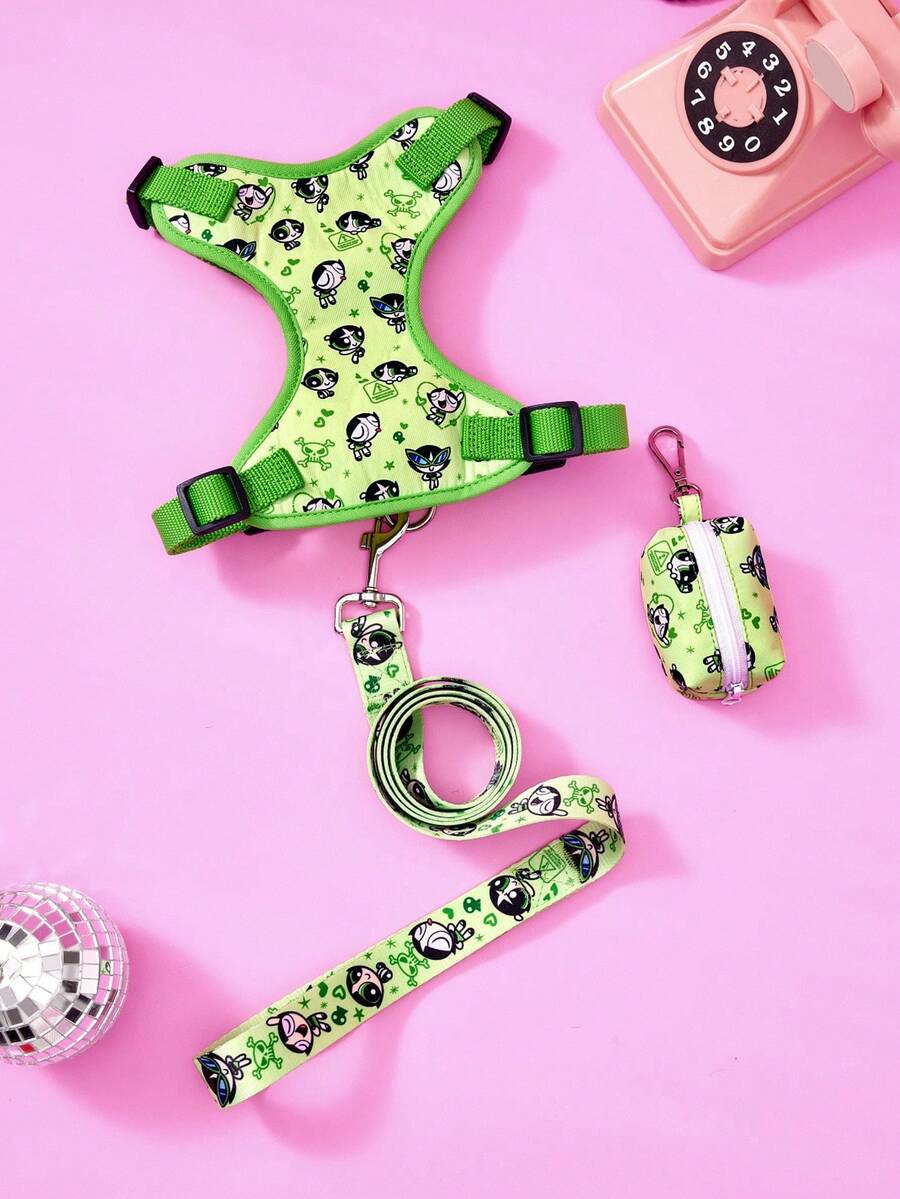 THE POWERPUFF GIRLS X PETSIN Printed Cat And Dog Vest Pet Leash, Waste Bag - Green - View 1