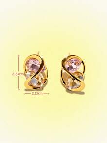 Popjeli Wrapped Twist Metal Pink Champagne Rhinestone Stud Earrings, Light Luxury Geometric Hollow Oval Exquisite Commuter Earrings - Gold - View 8