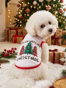 PETSIN 1pc Christmas Pet Vest, Eye-Catching Red And Green Checkered Christmas Tree Print, Breathable And Skin Friendly Printed Pet Vest With Red Border Contrasting Design - Multicolor - View 4