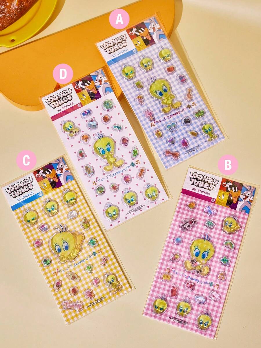 LOONEY TUNES X POKOJA LAND Tweety Bird 3D Puffy Sticker Sheet 4 Style Options, Transparent PVC Bubble Glue Cartoon Decals With Character Figure & Mini Item Shapes, Reusable Waterproof Stickers For Journaling Scrapbooking Laptop Suitcase Decor - Multicolor - View 1