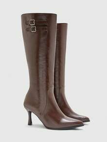CUCCOO BIZCHIC Ladies' Shiny Double Buckle Straight Leg High Boots With Pointed Toes And Adjustable Drawstring, Maillard Retro Autumn And Winter Fashion Boots - Reddish-brown stiletto - View 6
